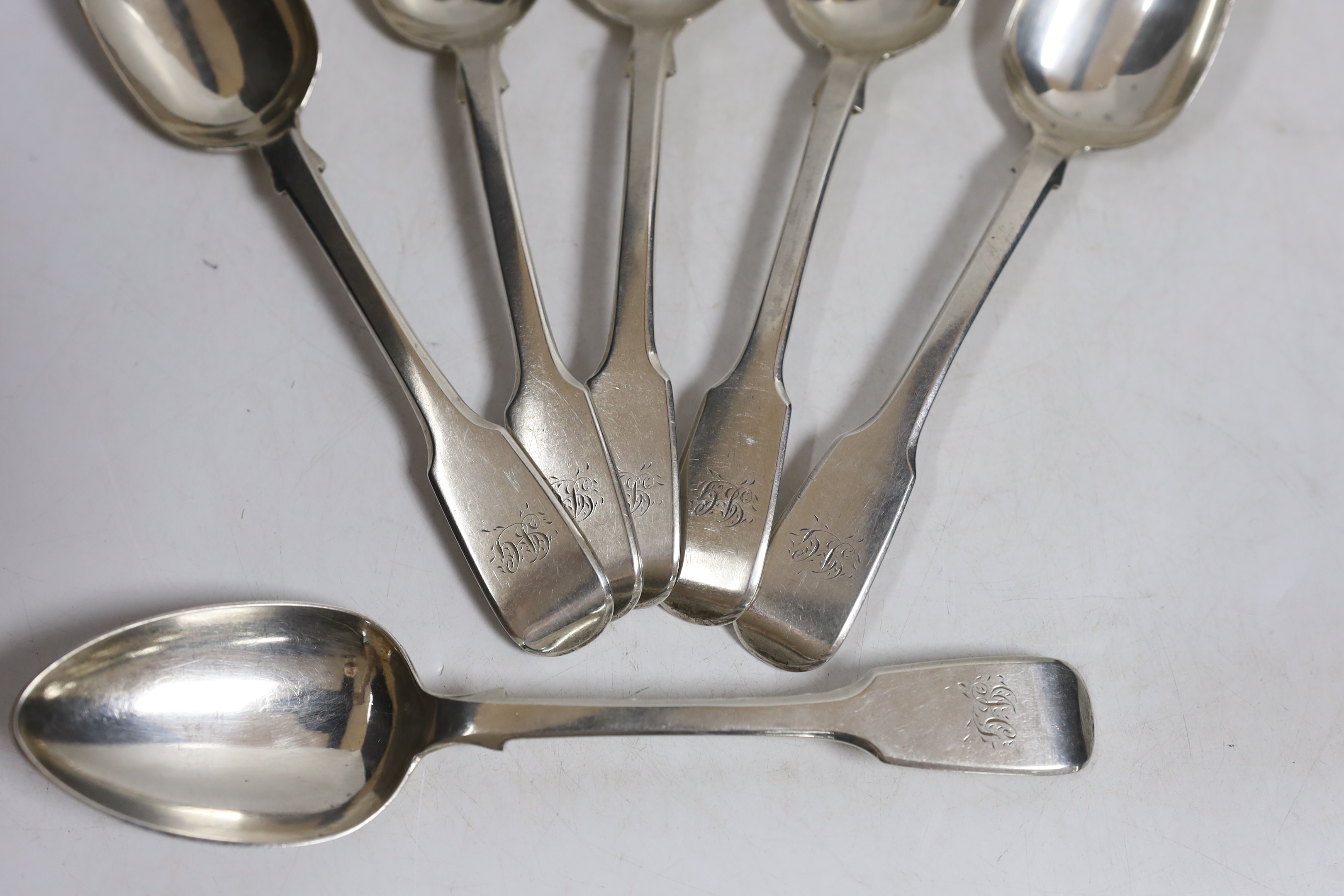 A set of six Victorian Irish silver fiddle pattern dessert spoons, maker, JS, Dublin, 1855